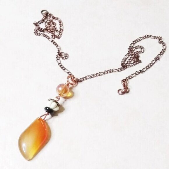 Gorgeous & Unique! Tangerine Agate Beaded Stack Pendant & Copper Figaro Chain - Picture 2 of 10